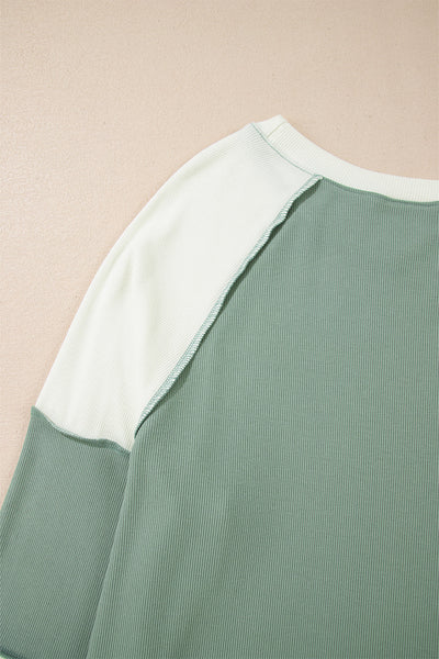 Women's Mint Green Ribbed Colorblock Long Sleeve Top - Trendy Casual Style with Relaxed Fit and Cozy Comfort