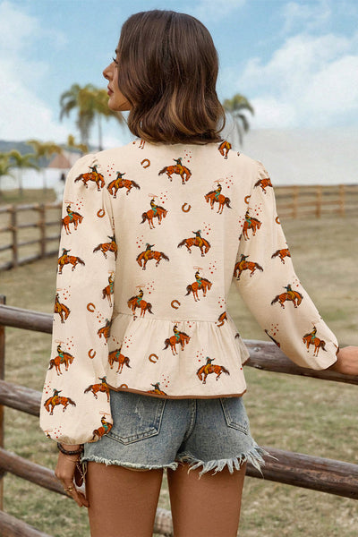 Trendy Women's Apricot Western Rodeo Print Peplum Top with Puff Sleeves and Tied Front Perfect for Casual Outings