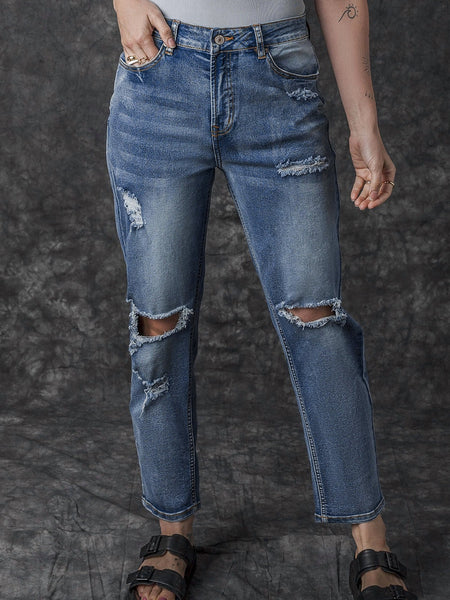 Ripped Cutout Fringe Hem Casual Jeans
