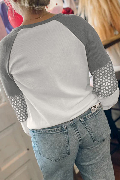 Trendy Women's Gray Floral Patchwork Long Sleeve Top - Stylish Casual Wear for Effortless Everyday Elegance