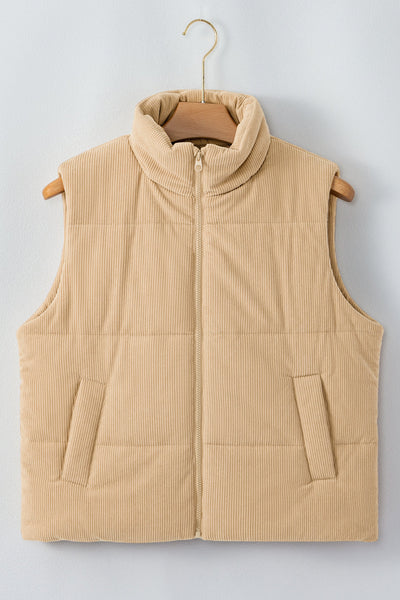 Beige Corduroy Puffer Vest with Stand Collar with practical styling and dependable silhouette control.