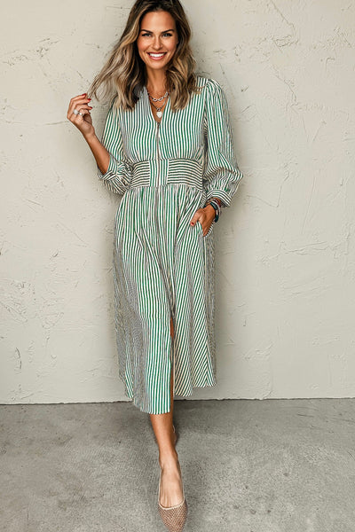 Stylish Women's Green Stripe Midi Dress - Flattering Summer Outfit with Trendy Design and Comfortable Fit