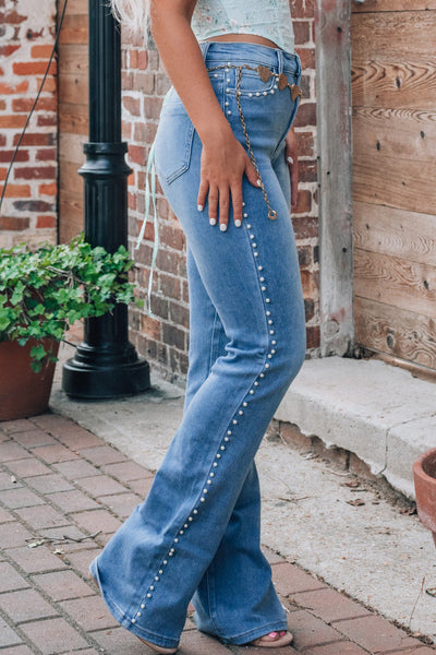 Women's Dusk Blue Pearl Boot Cut Denim Jeans in Jeans