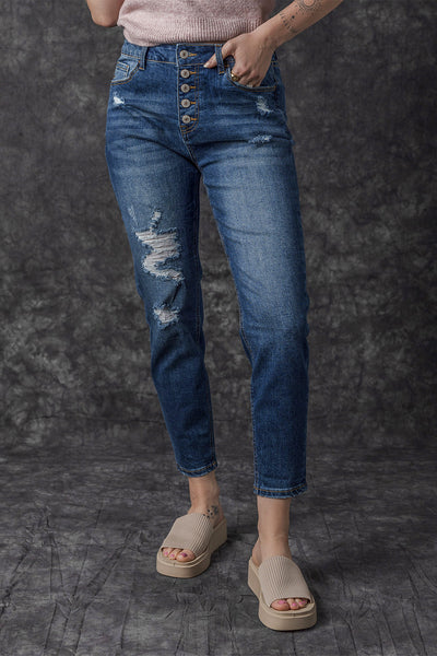 Retro Rolled Hem Single-Breasted Closure Straight Loose Casual Jeans