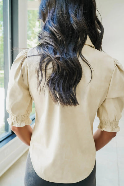 Beige Faux Suede Short Sleeve Button-Down Shirt for Women - Stylish Frilled Casual Top for Effortless Everyday Wear