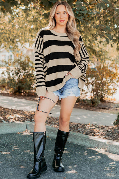 Cozy Women's Black Striped Baggy Sweater with Drop Shoulder Sleeves and Trendy Patchwork Design for Casual Chic Look