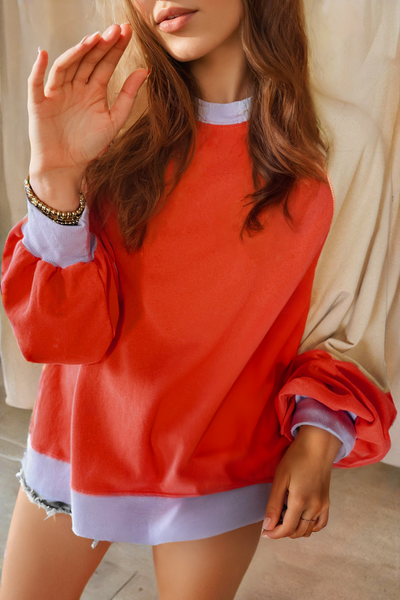 Women‚Äôs Casual Orange Color Block Raglan Sleeve Top with Side Slits - Relaxed Fit for Effortless Style
