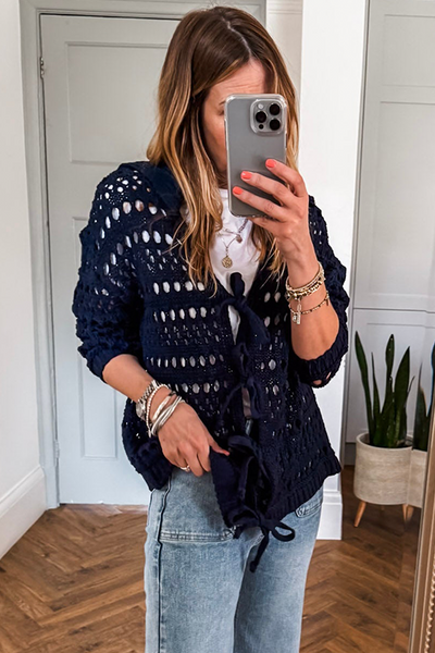 Women's Lightweight Navy Blue Crochet Tie Front Cardigan - Chic Knit Sweater for Casual Spring & Summer Outings