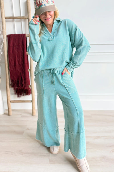 Women's Soft Blue Lapis Mineral Wash V-Neck Pullover & Drawstring Pants Set - Casual Ribbed Patchwork Outfit