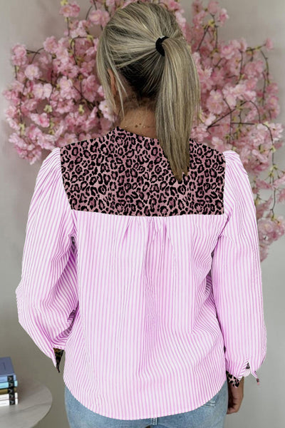 Women's Pink Striped and Leopard Patchwork V-Neck Blouse with practical styling and dependable silhouette control.