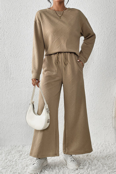 Pale Khaki Women's 2-Piece Slouchy Outfit - Ultra Loose Textured Set for Effortless Casual Chic