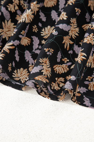 Women's Black Floral V-Neck Smocked Midi Dress with Long Sleeves