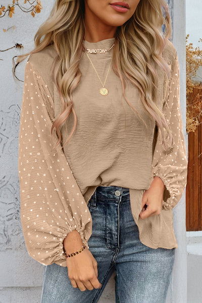 Elegant Women's Parchment Swiss Dot Balloon Sleeve Blouse - Loose Fit for Chic Casual Styles and Everyday Wear