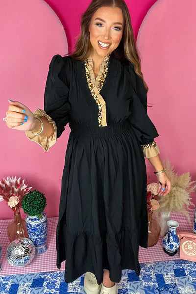 Elegant Women's Black Flowy Midi Dress with V-Neck, 3/4 Ruffled Sleeves, and Frilled Trim for Effortless Chic Style