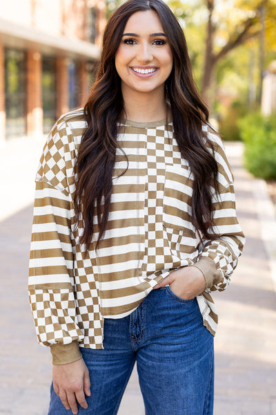 Trendy Women's Khaki Checkerboard Patchwork Blouse with Lantern Sleeves and Pockets for Effortless Style