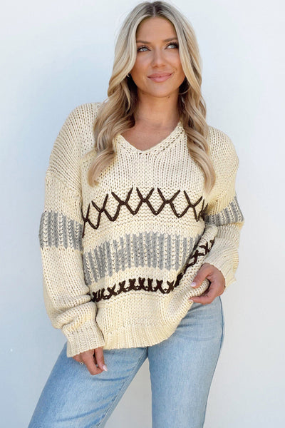 Cozy Knit Women's V-Neck Drop Shoulder Sweater - Stylish Layering Top for Year-Round Comfort and Versatility