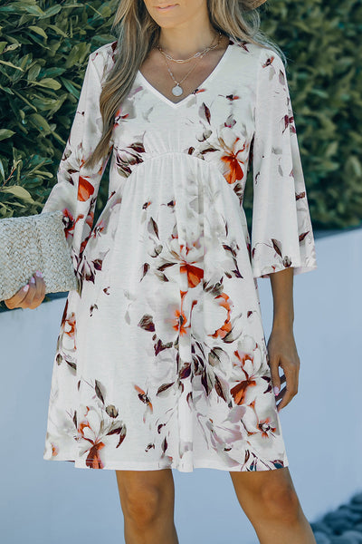 Printed Lace Up Lapel Waist Short Sleeved Midi Dress