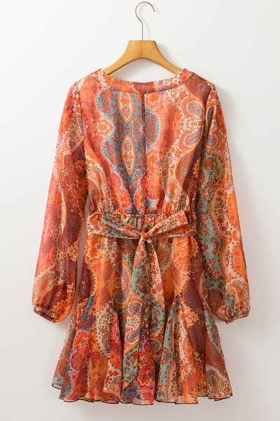 Women's Orange Boho Paisley Print Mini Dress with Long Sleeves, Pleated Design, and Belted Waist for Effortless Style