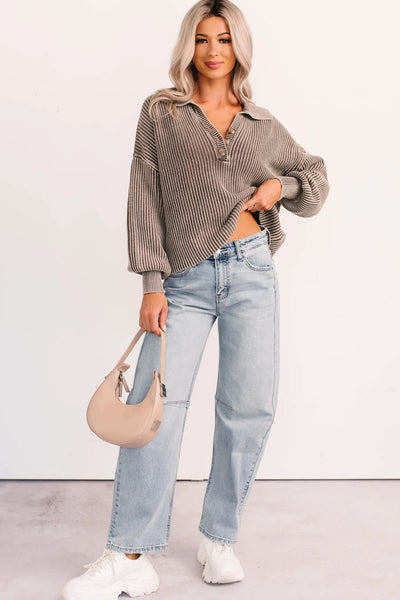 Cozy Women's Dark Brown Mineral Wash Knit Polo Sweater - Relaxed Fit with Stylish Button Detail for Effortless Elegance
