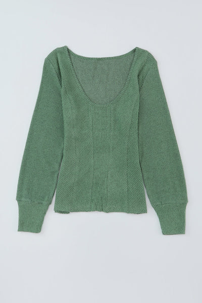 Green Ribbed U Neck Textured Top with Long Sleeves
