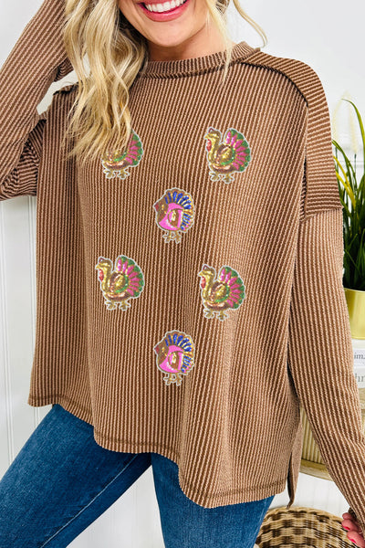 Women's Sequin Turkey Patch Ribbed Top in Dark Khaki