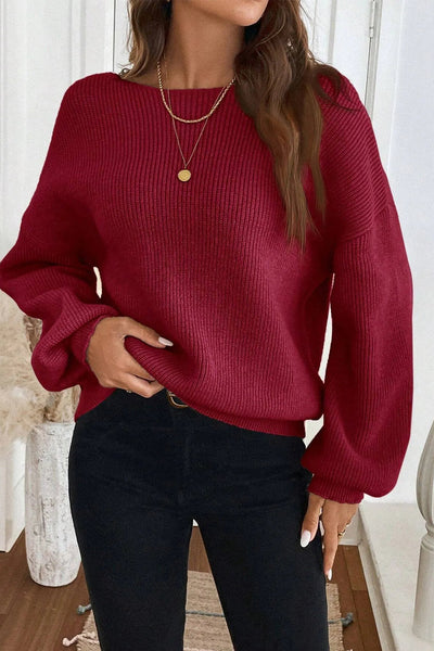 Cozy Women's Red Ribbed Knit Sweater with Contrast Ribbon Knot & Drop Shoulder Trendy Fall Fashion Essential
