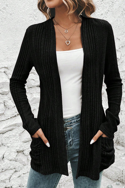 Stylish Women's Black Ribbed Knit Cardigan with Pockets - Comfortable Open Front Layer for Versatile Outfits