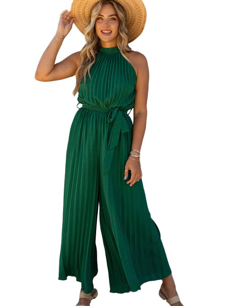 Solid Chic Sleeveless Slanted Shoulder Tie Waist Wide Leg Jumpsuit