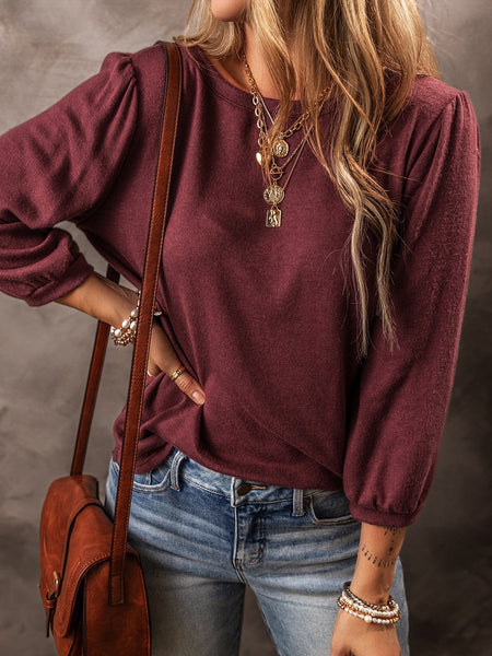 Crimson Dahlia Elegant 3/4 Sleeve Crew Neck Blouse