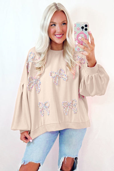 Cozy Women's Oversized Parchment Sweatshirt with Embroidered Bow & Lantern Sleeves Chic Pullover for Effortless Style