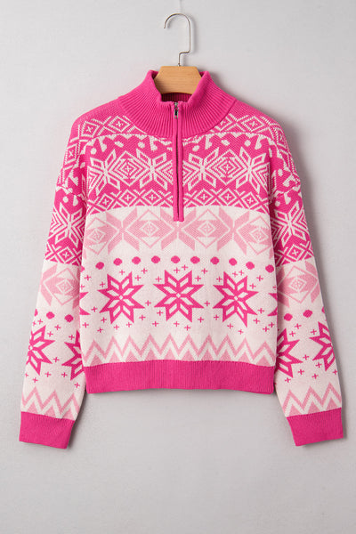 Women's Quarter-Zip Rose Pink Snowflake Fair Isle Sweater