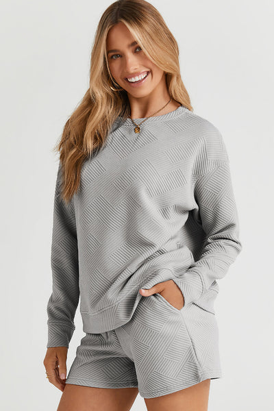 Cozy Women's Gray Textured Long Sleeve Top and Drawstring Shorts Set Effortless Casual Lounge Wear for Chic Comfort