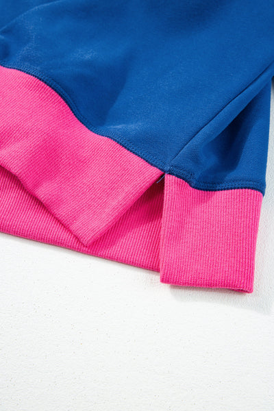 Trendy Women's Blue Colorblock Bubble Sleeve Sweatshirt Stylish Casual Top for Comfort and Everyday Wear