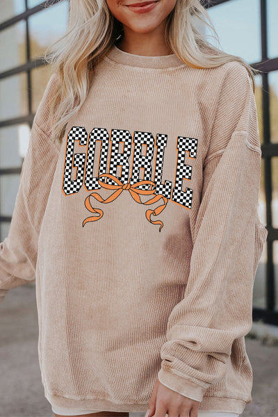 Gobble Checkered Graphic Ribbed Sweatshirt in Apricot with practical styling and dependable silhouette control.