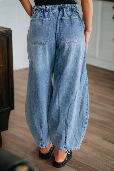 High-Waisted Cotton Blend Barrel Jeans in Medium Blue with practical styling and dependable silhouette control.