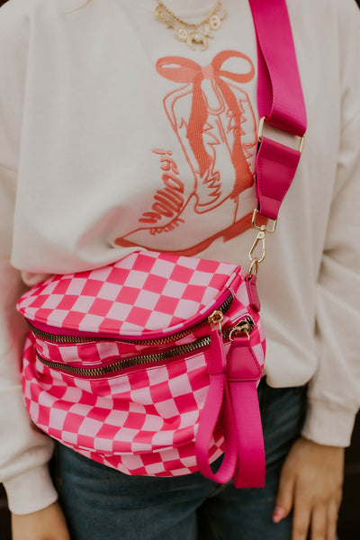 Women's Checkered Pink Crescent Crossbody Bag with Wide Adjustable Strap