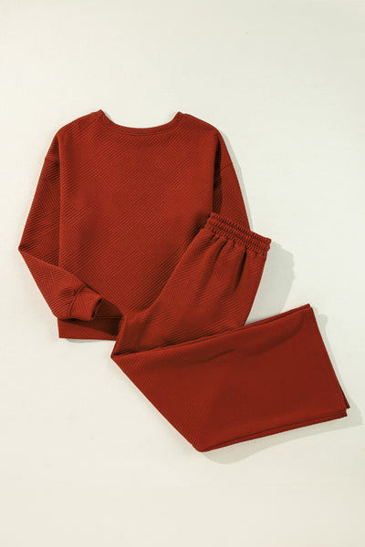Women's Red Dahlia Ultra Loose Slouchy Lounge Set - Cozy 2-Piece Textured Outfit for Effortless Casual Style