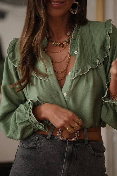 Chic Women's Green Bay Ruffle Trim Long Sleeve Loose Fit Shirt - Stylish Casual Top for Effortless Everyday Elegance