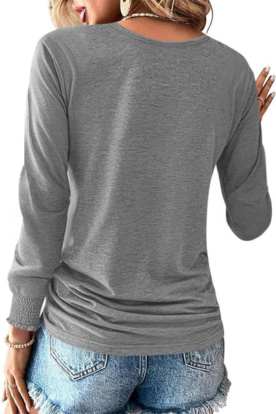 Women's Gray U-Neck Henley Top with Smocked Cuffs & Side Drawstring - Chic Casual Style for Ultimate Comfort