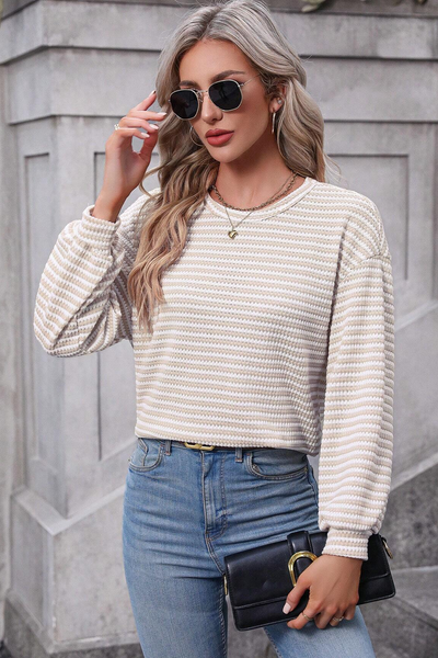 Women's Casual Khaki Stripe Long Sleeve Drop Shoulder Tunic - Effortless Round Neck Top for Everyday Style