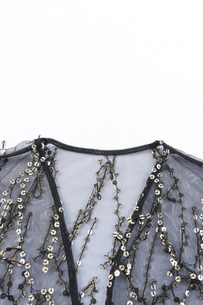 Women's Black Sequin Sheer Long Sleeve Open Front Kimono