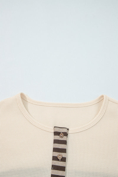 Women's Soft Beige Waffle Knit Long Sleeve Top - Cozy Casual Style for Everyday Comfort and Effortless Chic