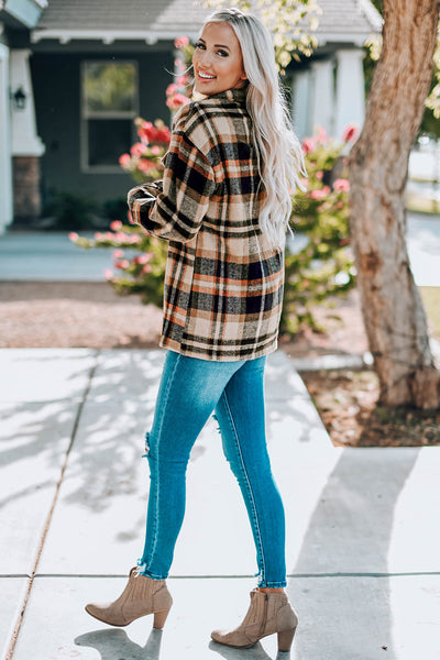 Trendy Women's Orange Geometric Plaid Shacket with Pockets - Perfect Layering Jacket for Casual Chic Looks