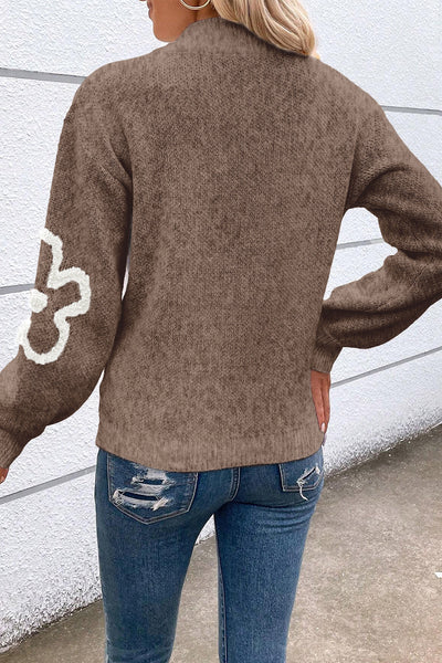 Trendy Women's Half-Zip Floral Sweater in Parchment with Stand Neck - Cozy Fall Essential for Stylish Outfits