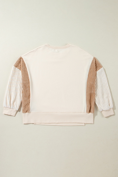 Cozy Women's Apricot Corduroy Patchwork Sweatshirt - Long Sleeve, Drop Shoulder, Perfect for Casual Everyday Style