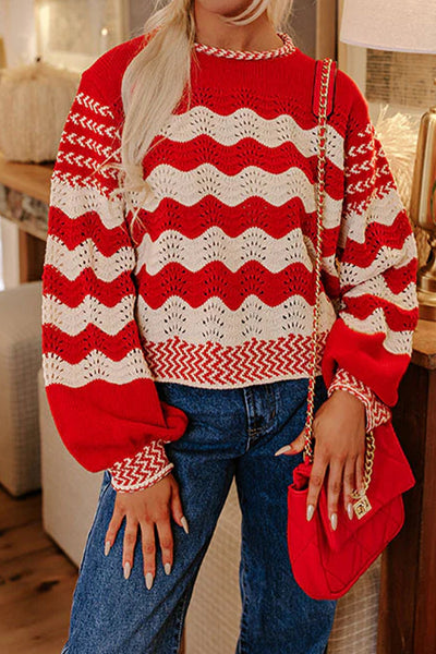 Elegant Women's Black and White Stripe Pointelle Knit Sweater with Puff Sleeves and Contrast Trim for Effortless Style