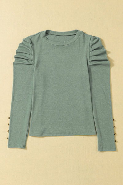 Stylish Women's Green Puff Sleeve Sheath Top with Button Detail - Perfect for Everyday Comfort and Chic Looks