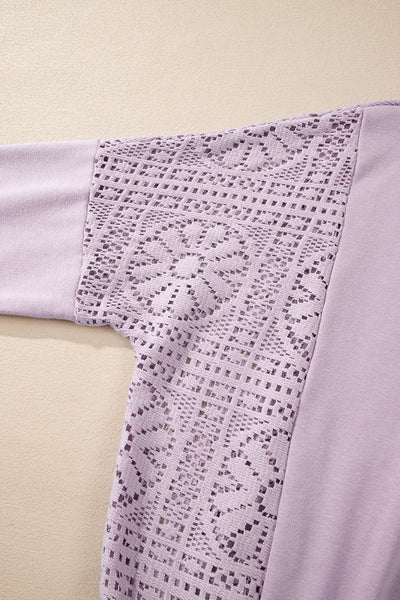 Chic Women's Orchid Petal Knit Sweatshirt with Crochet Accents, Exposed Seams, and Cozy Ribbed Trim for Effortless Style