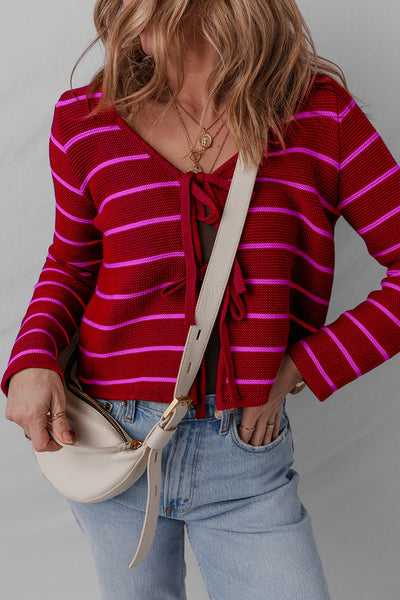 Stylish Women's Red Striped V-Neck Knit Cardigan Sweater with Tie Front for Effortless Comfort and Trendy Looks