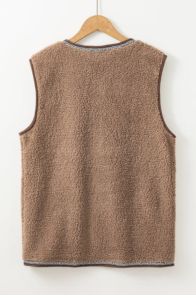 Women's Dark Khaki Sherpa Vest with Geometric Trim and Toggles with practical styling and dependable silhouette control.